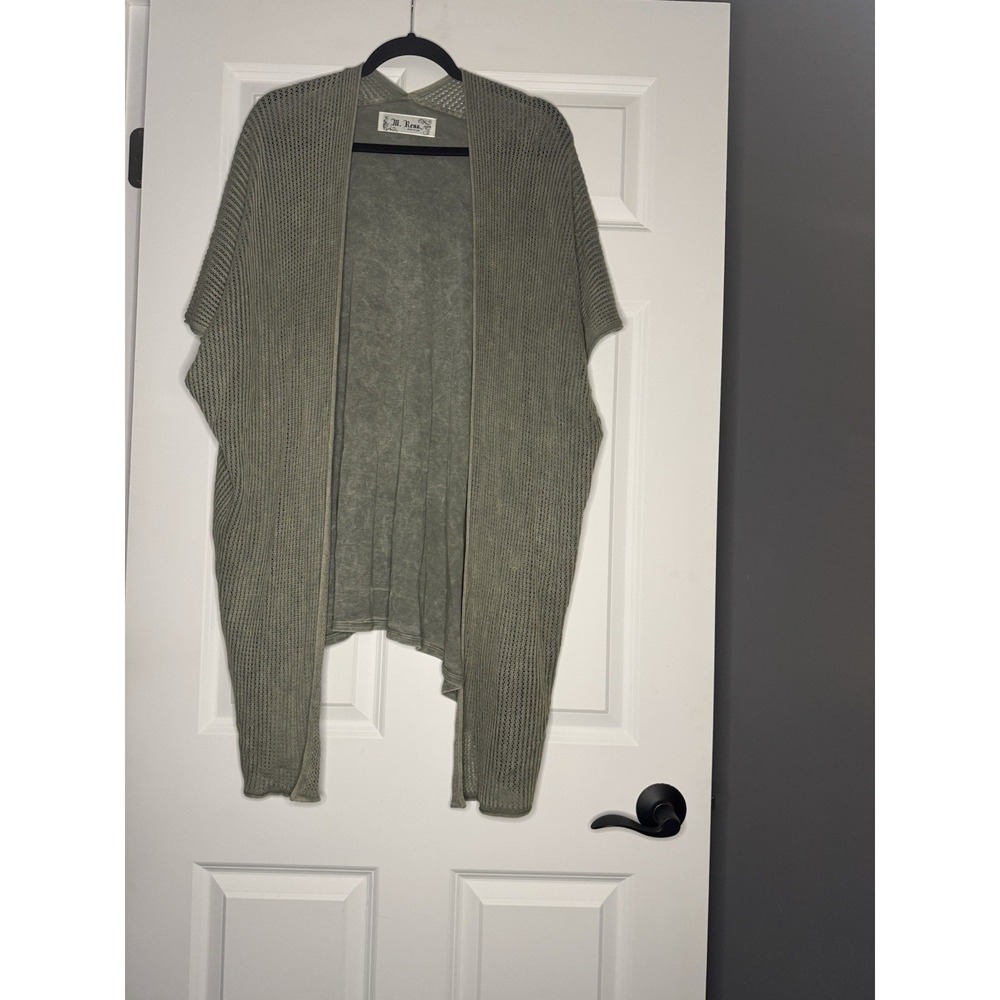 M Rena One Size Kimono Drape Fit Cardigan Sweater Mesh Cutout Green Mineral Wash